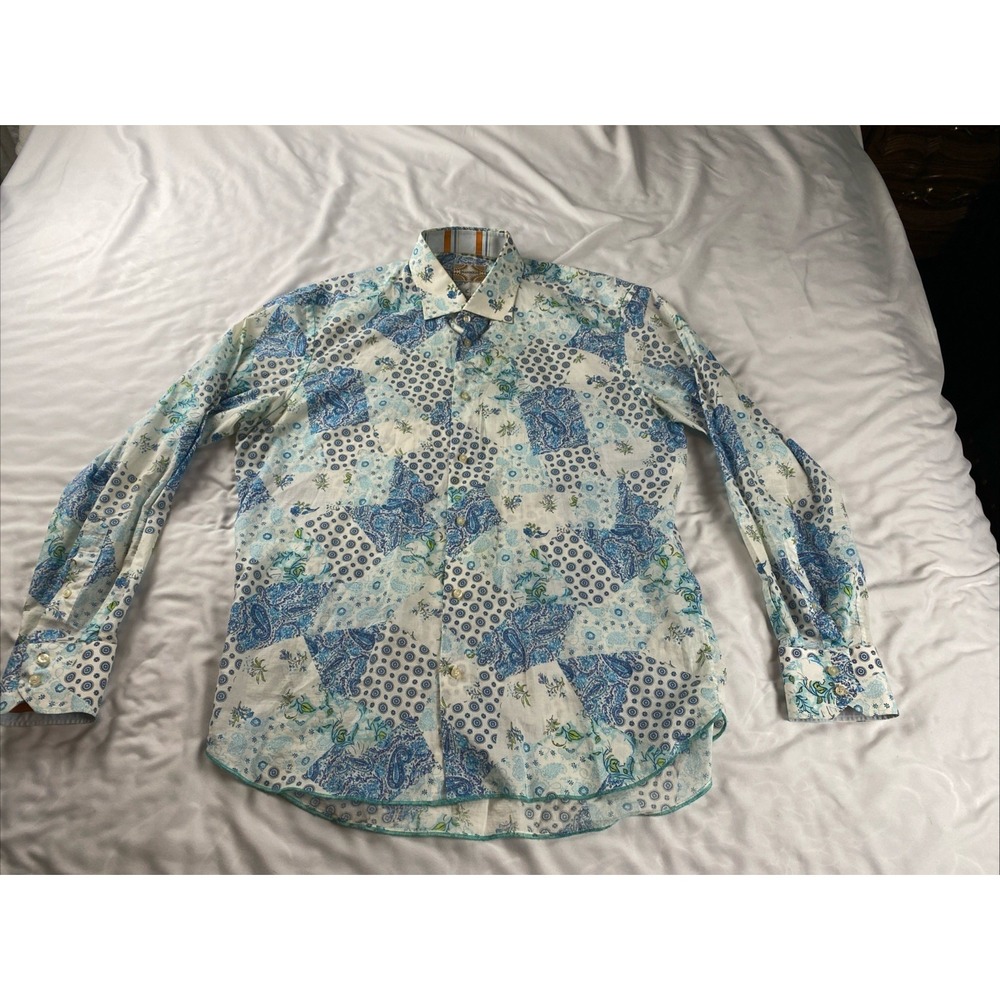 Brandolini Mens Blue White Patchwork Paisley Floral Long Sleeve Button Dwn Shirt